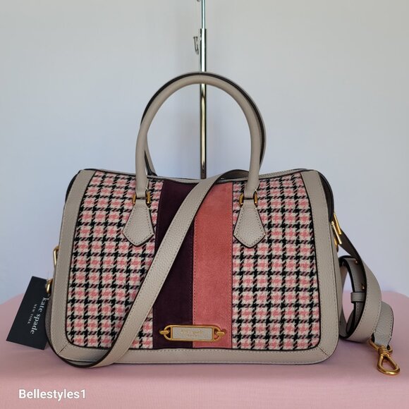 KATE SPADE Gramercy Racing Stripe Plaid Twill Medium Satchel-Mushroom Multi ⭐ - Picture 2 of 16